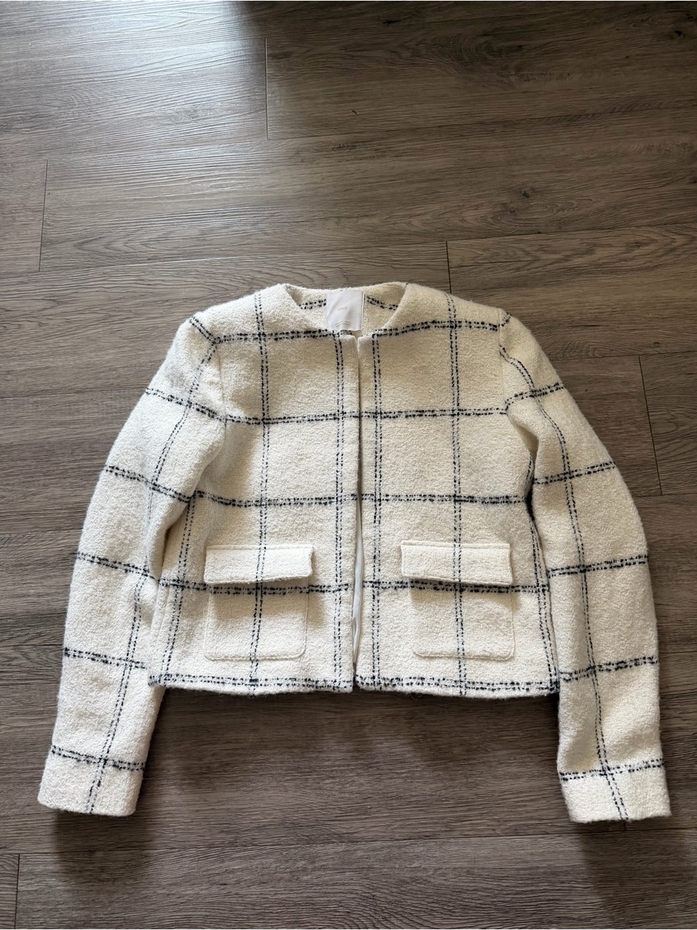 Mango Cream and Black Windowpane Bouclé Cropped Jacket